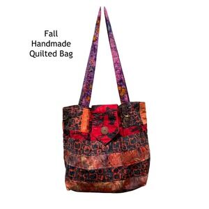 Handmade Quilted Batik Tote Bag Fall Pumpkin‎ Crow Patchwork Shoulder Bag Multi